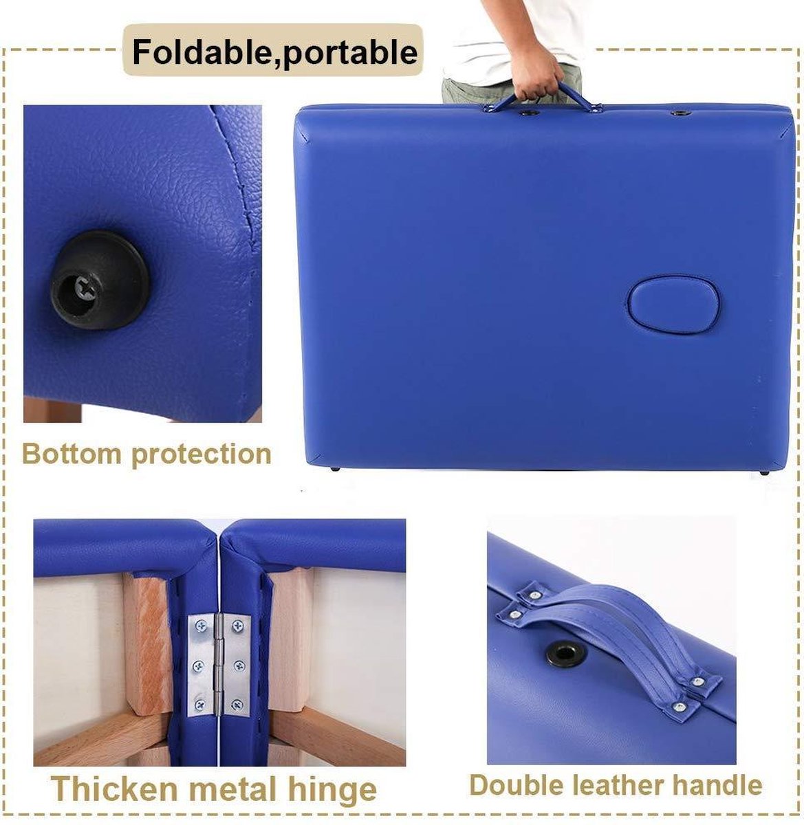 BestMassage MT-T1-Blue - Massagetafel, draagbaar massagebed, lengte 186 cm, hoogte verstelbaar, tweevoudig inklapbaar, gezichtskussen, draagtas, blauw